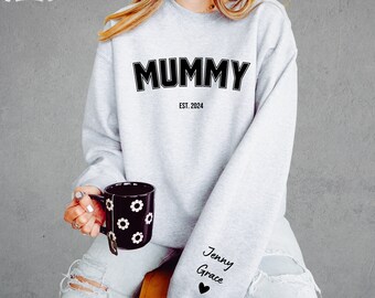 Sudadera MUMMY con nombres de niños en la manga - Regalo personalizado del Día de la Madre para mamás, mamás embarazadas, amigas embarazadas o hijas