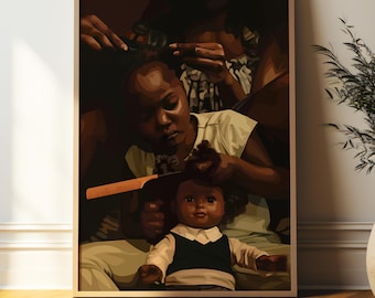 May include: A woman with dark brown skin is braiding the hair of a young girl with dark brown skin. The girl is holding a doll with brown skin and dark brown hair. The doll is wearing a black vest over a white shirt.