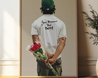 May include: A man wearing a green baseball cap and a white t-shirt with the text "You Deserve The Best" printed on it. He is holding a bouquet of red roses behind his back.