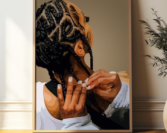 May include: A digital illustration of a woman with long black braids styled in a complex pattern. She is wearing a white shirt and is holding her braids with both hands.