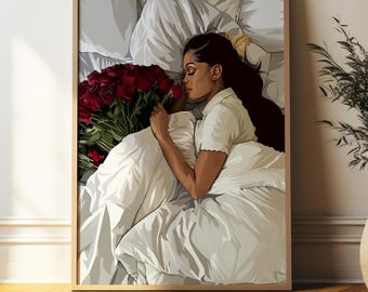 May include: A woman sleeps in a bed with white sheets and a bouquet of red roses. She is holding the roses in her hand and her head is resting on the pillow.