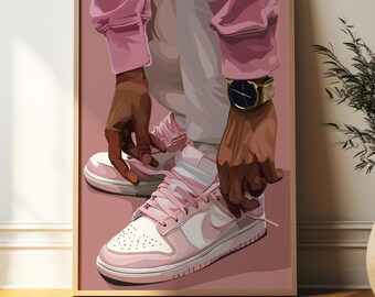 May include: A pair of pink and white sneakers with a gold watch on the wrist of the person tying the laces.