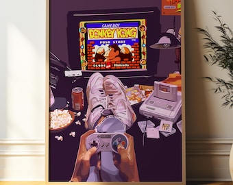 May include: A retro-style illustration of a person playing a video game. The person is wearing sneakers and holding a Super Nintendo controller. The game on the screen is Donkey Kong Country. The image is set in a purple room with a Game Boy and other gaming accessories.