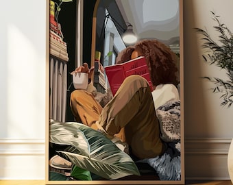 May include: A person sitting on a couch reading a red book with the title "all about" on the cover. The person is wearing a brown jacket and pants. There are plants in the background.
