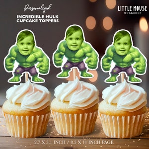 Toppers per cupcake personalizzati con il volto dell'incredibile Hulk