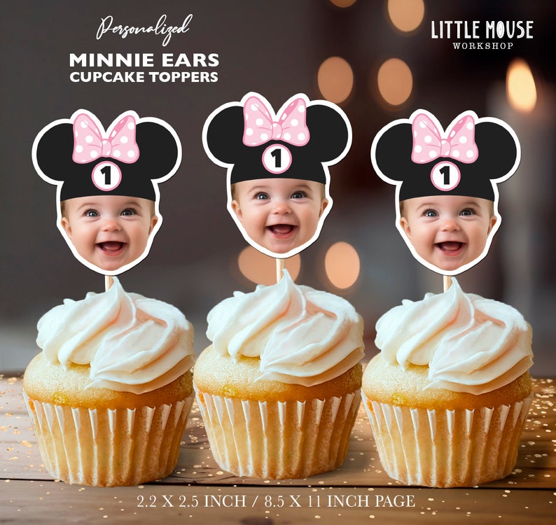 Minnie Mouse Ears Personalized Face Cupcake Toppers image 1