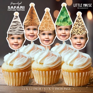 Safari-verjaardagshoedjes Gepersonaliseerde gezicht-cupcaketoppers