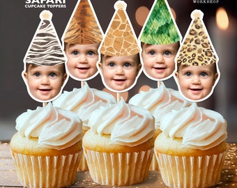 Safari Birthday Hats Personalized Face Cupcake Toppers