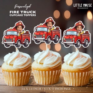 Topper per cupcake personalizzati con volto di camion dei pompieri