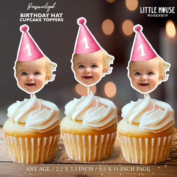 Birthday Hat Any Color Any Age Personalized Face Cupcake Toppers