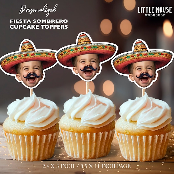 Fiesta Sombrero gepersonaliseerde gezicht cupcake toppers