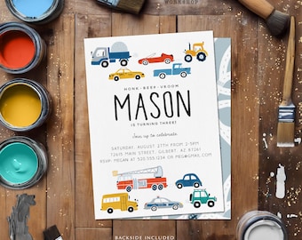 May include: A birthday party invitation with a car theme. The invitation features illustrations of various vehicles, including trucks, cars, and a fire truck. The text reads "HONK BEEP VROOM MASON IS TURNING THREE!" and includes party details.