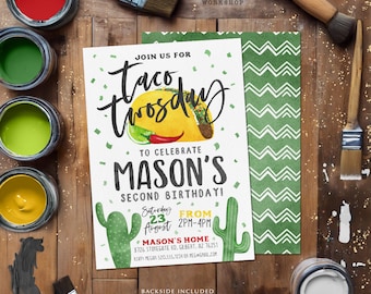 May include: A white invitation with green cactus illustrations and a watercolor illustration of a taco. The invitation reads "Join us for Taco Tuesday to celebrate Mason's Second Birthday!"  Saturday, August 23rd from 2pm-4pm. Mason's Home, 8726 Stonegate Rd, Gilbert, AZ 76251. RSVP Megan 520.555.1234 or meg@gmail.com. Backside Included.