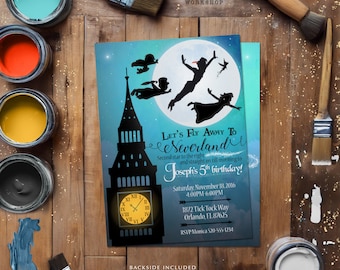 May include: A custom invitation with a Neverland theme. The design features silhouettes of Peter Pan, Wendy, and the Lost Boys flying in front of a full moon and Big Ben. The text reads "Let's Fly Away to Neverland" and includes party details.