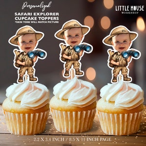 Safari Explorer gepersonaliseerde cupcake-toppers voor gezicht
