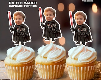 Adornos para cupcakes con cara de Darth Vader para fiesta de cumpleaños personalizada / Decoración personalizada de Star Wars