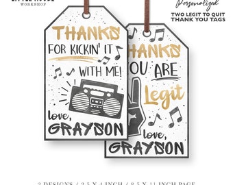 May include: Two thank you tags with a black and white design. One tag says "Thanks for kickin' it with me! Love, Grayson" and features a retro boombox. The other tag says "Thanks you are legit. Love, Grayson" and features a hand making the peace sign. Both tags have gold lettering and musical notes.