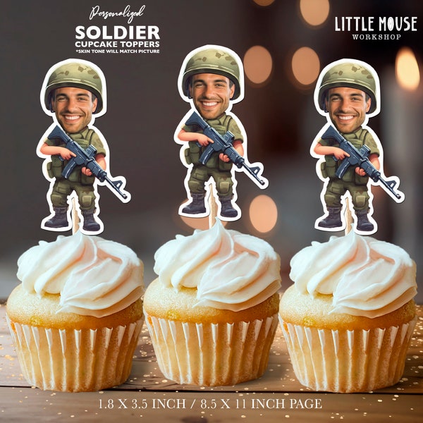 Adornos para cupcakes con cara personalizada de soldado