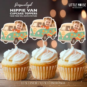 May include: Three cupcakes with white frosting, each decorated with a personalized hippie van cupcake topper. The toppers show a cartoon van with a peace symbol and a child. The text reads "Personalized HIPPIE VAN CUPCAKE TOPPERS".