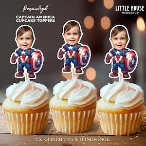Toppers cupcake con faccia personalizzata di Capitan America