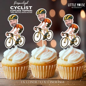 May include: Three cupcakes topped with white frosting, each adorned with a personalized cyclist cupcake topper. The toppers feature a cartoon cyclist on a yellow bike. Text on the image reads "Personalized Cyclist Cupcake Toppers".