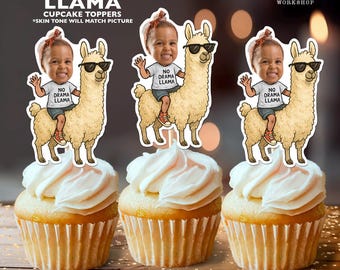 May include: Three cupcakes topped with personalized llama cupcake toppers. Each topper features a child riding a llama wearing sunglasses and a shirt that says "No Drama Llama." The toppers are 2.3 x 3.7 inches.