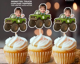 Monster Truck Personalized Birthday Cupcake Toppers | Custom Face Party Decor