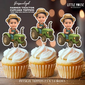 May include: Three cupcakes with white frosting, each decorated with a personalized farmer tractor cupcake topper. The toppers show a child in a straw hat driving a green tractor. The toppers measure 6.35 cm x 9.14 cm.