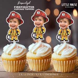 May include: Three personalised firefighter cupcake toppers with a red helmet, yellow jumpsuit, and a number 2 on the helmet. The toppers are 3.6 inches tall and are printed on 8.5 x 11 inch paper.