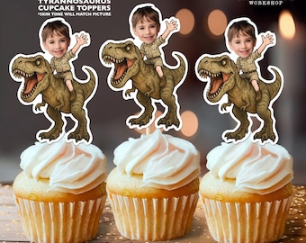Adornos personalizados para cupcakes de cumpleaños de T-Rex Rider / Decoración facial personalizada para fiestas