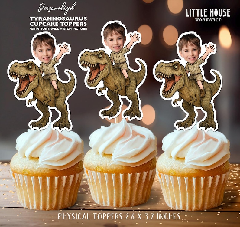 T-rex Rider Personalized Birthday Cupcake Toppers | Custom Face Party ...