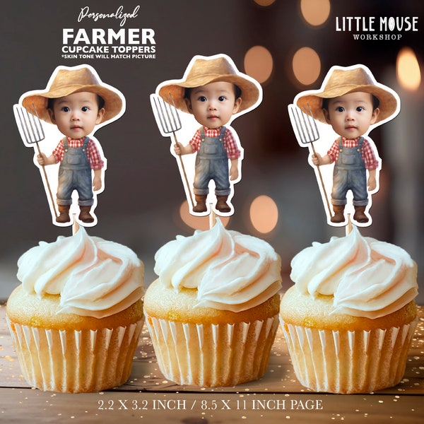 Farmer Personalized Face Cupcake Toppers