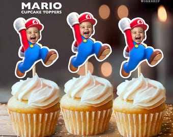Décorations de cupcakes d'anniversaire personnalisées Super Mario | Décoration de fête visage personnalisée