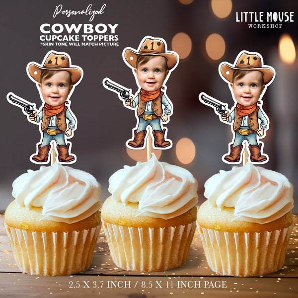 Western Cowboy Personalized Face Cupcake Toppers