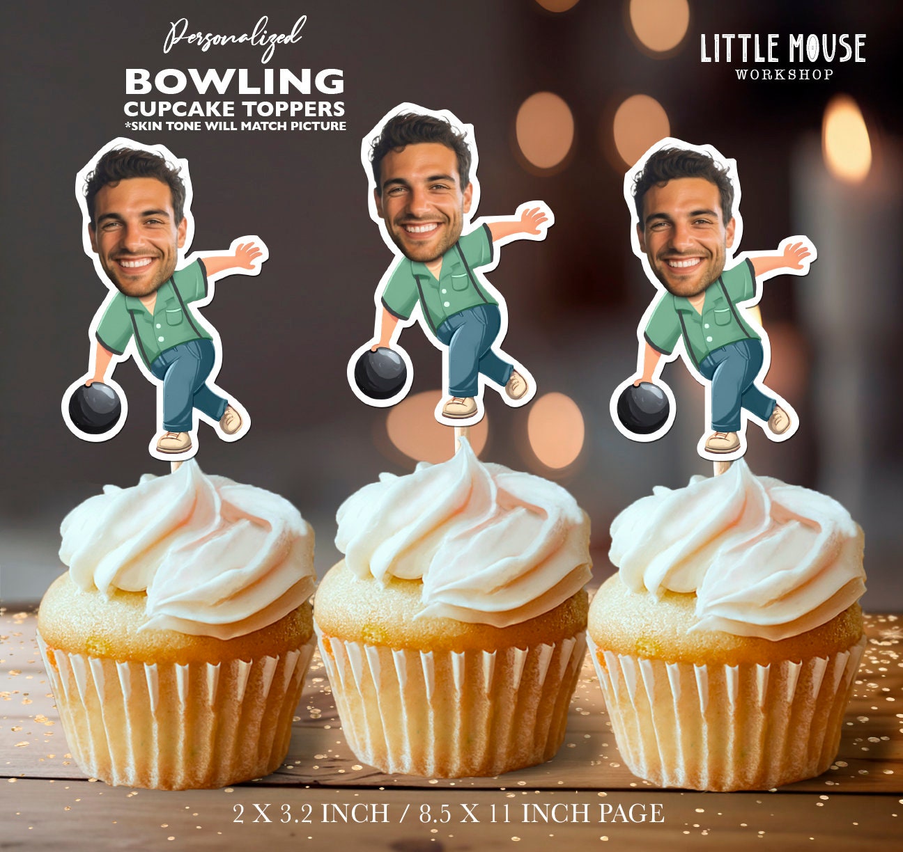Bowling Personalized Face Cupcake Toppers