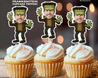 May include: Three cupcakes topped with white frosting, each adorned with a Frankenstein cupcake topper. The toppers feature a person's face with green skin, black hair, and a brown jacket. The text "Personalized FRANKENSTEIN CUPCAKE TOPPERS" is visible.