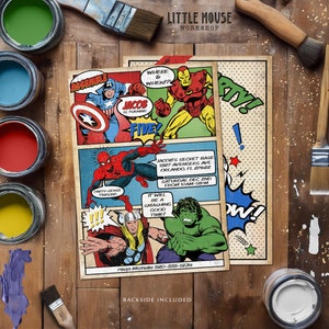 Puede incluir: Una invitación a una fiesta de estilo cómic para una fiesta de cumpleaños con temática de superhéroes. La invitación presenta imágenes de Capitán América, Spiderman, Iron Man, Thor y Hulk. El texto de la invitación dice "¡Jacob cumple cinco!" e incluye la fecha, la hora y el lugar de la fiesta. La invitación también incluye el texto "¡Será un buen momento!" y "Parte posterior incluida."