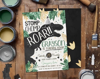 May include: A dinosaur-themed birthday party invitation with green and gold foliage, a black silhouette of a Tyrannosaurus Rex, and the text "Stomp, Chomp and Roar!! Grayson is turning four!"  The invitation includes the date, time, and location of the party.