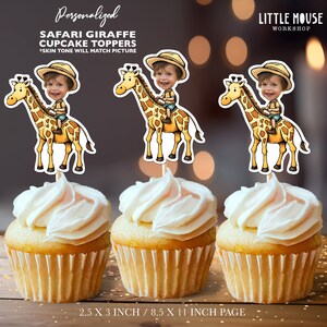 Topper per cupcake con faccia personalizzata Giraffa Safari