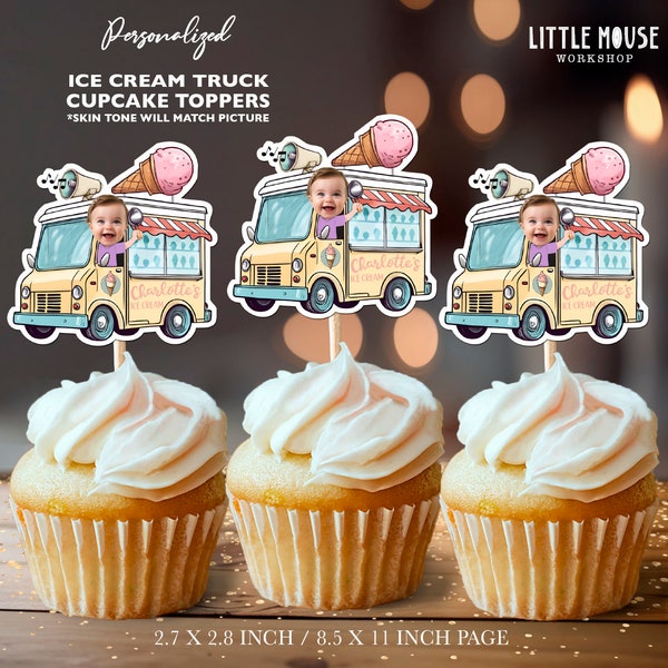 Ice Cream Truck Personalized Face Cupcake Toppers
