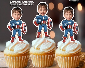 Captain America Personalized Birthday Cupcake Toppers | Custom Face Party Decor