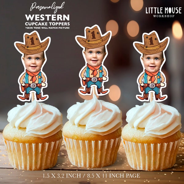 Western Cowboy Personalized Face Cupcake Toppers