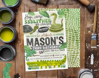 May include: A green and brown invitation with a jungle theme. The invitation says "Hop, creep, SSSSLITHER or crawl on over to celebrate MASON'S THIRD BIRTHDAY!" with a snake, turtle, and chameleon illustration. The invitation is for a party on August 23rd at 4:00 PM at Mason's backyard. The address is 8726 Stonegate Ave, Gilbert, AZ 76251. RSVP to Jennifer at 520.555.1234 or jen@gmail.com.