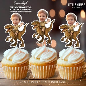 Raptor Personalized Birthday Party Face Cupcake Toppers | Custom Jurassic Decor | Dinosaur Decorations