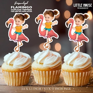Flamingo Summer Pool Party Personalized Face Cupcake Toppers