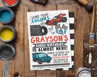 May include: A birthday party invitation for a boy named Grayson turning three. The invitation features a red and black race car, a blue and black race car, and the text "Start your engines and get in gear Grayson's Third Birthday is almost here!" The invitation also includes the date, time, and location of the party.