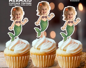 Adornos personalizados para cupcakes de cumpleaños de La Sirenita / Decoración facial personalizada para fiestas