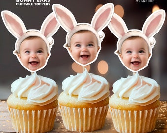 Easter Bunny Ears Personalized Face Cupcake Toppers