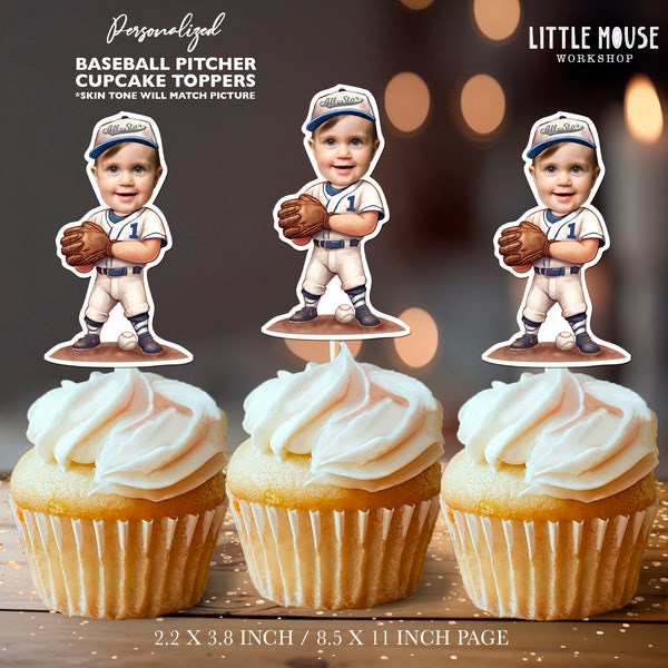 Baseball Pitcher Personalized Face Cupcake Toppers