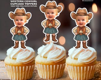 Cowgirl personalisierte Gesicht Cupcake Toppers | Kundenspezifische Geburtstags-Dekor